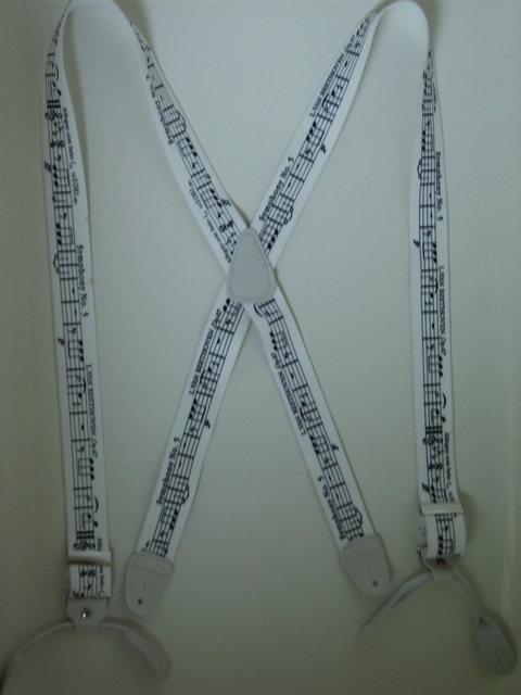 BLACK MUSIC SCORE ON WHITE 1 1/2"X48" Suspenders with Button on leather ears and 2 adjusters in the front, all in NICKEL FINISH.UB120N48MUWH